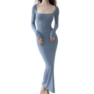 Square Neck Long Sleeve Ribbed Bodycon Soft Lounge Maxi Dress NWT